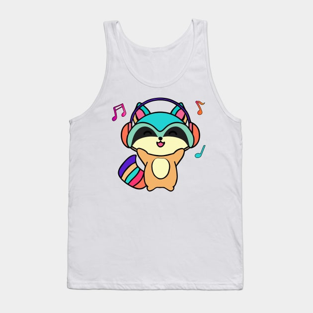 Happy smiling baby raccoon with headphones. Kawaii cartoon Tank Top by SPJE Illustration Photography